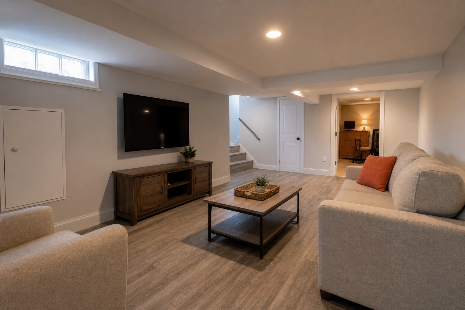 Finished Northeast Ohio basement family room with recessed lighting and plank flooring
