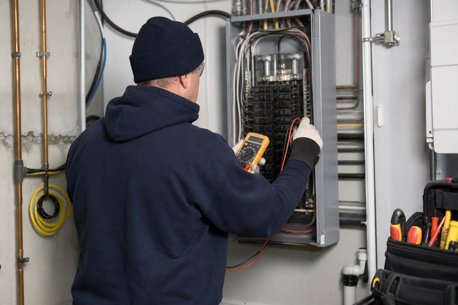 Electrician testing a residential breaker panel with a digital multimeter