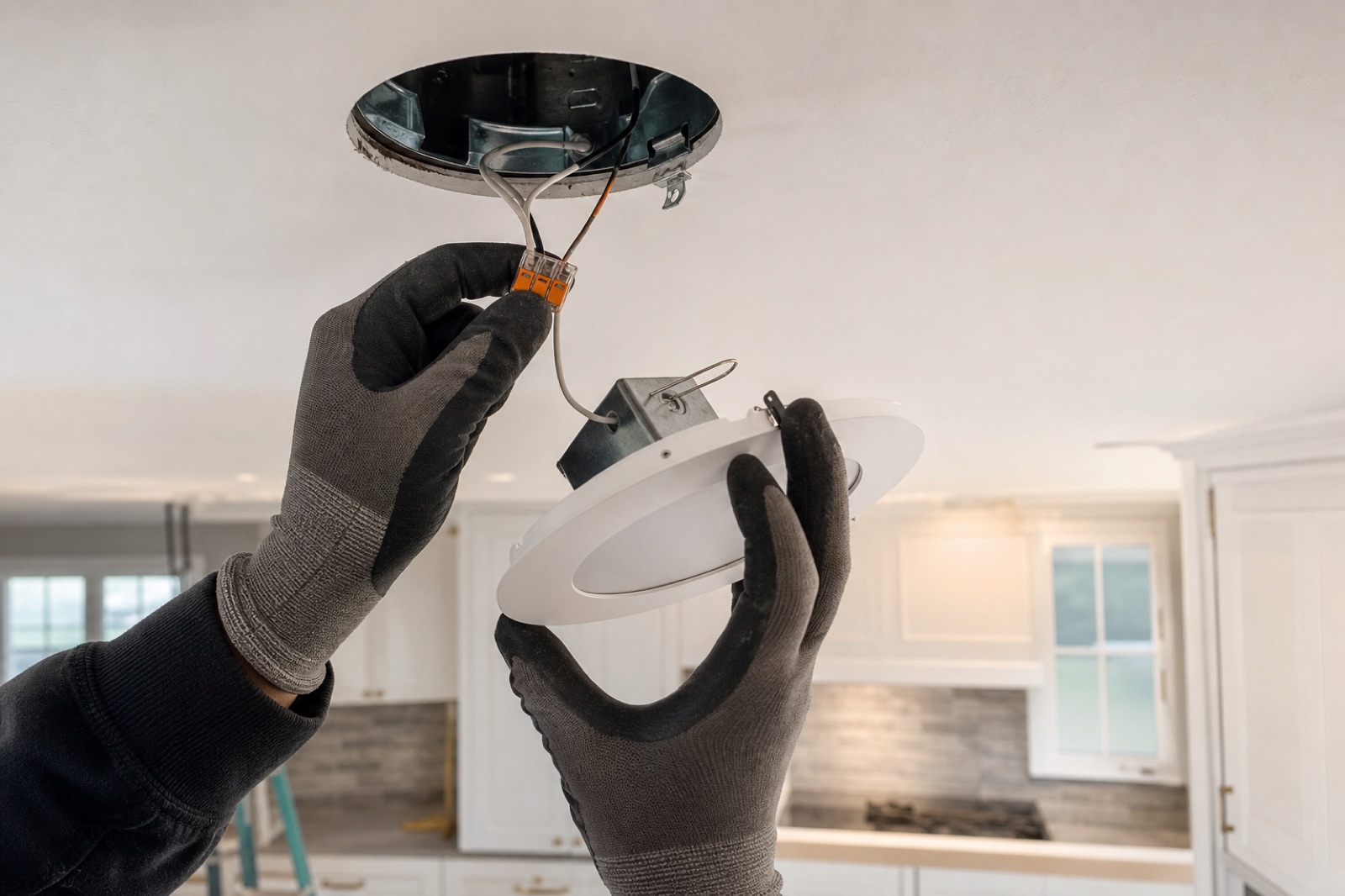 Gloved electrician installing a recessed LED light in a remodeled kitchen