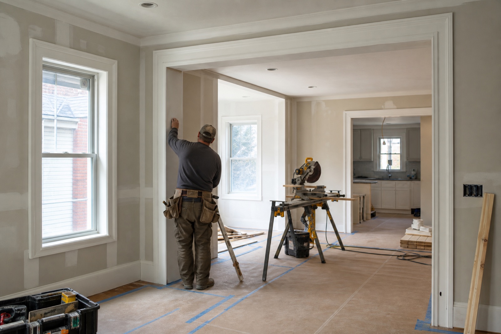 Craftsperson completing drywall and trim work in a protected older-home interior